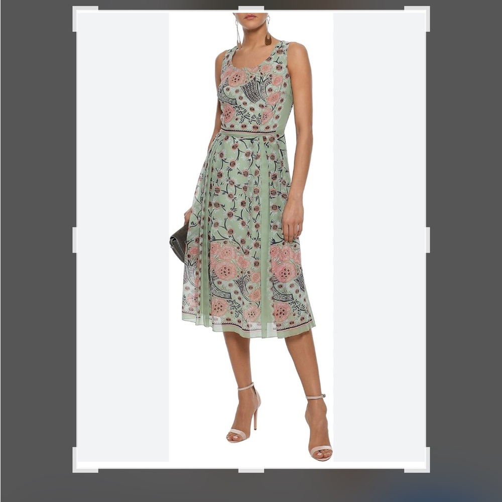 Ana Sui pleated sage floral silk voile Midi Dress, 4 NWTs